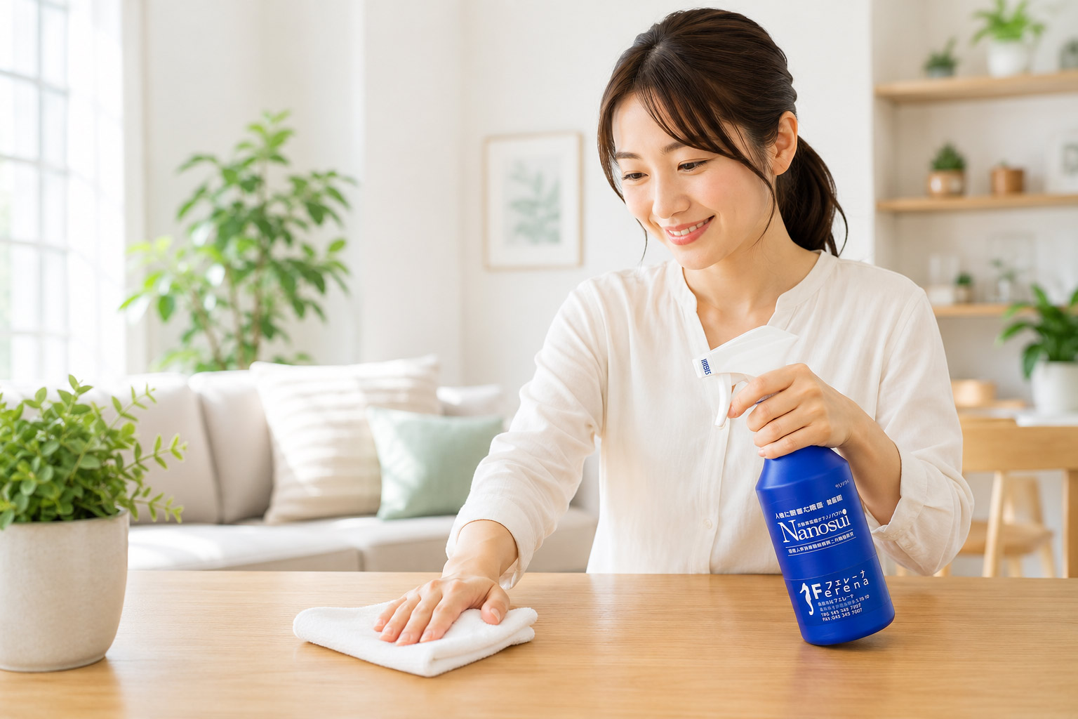 Nanosuiボトルで掃除する女性